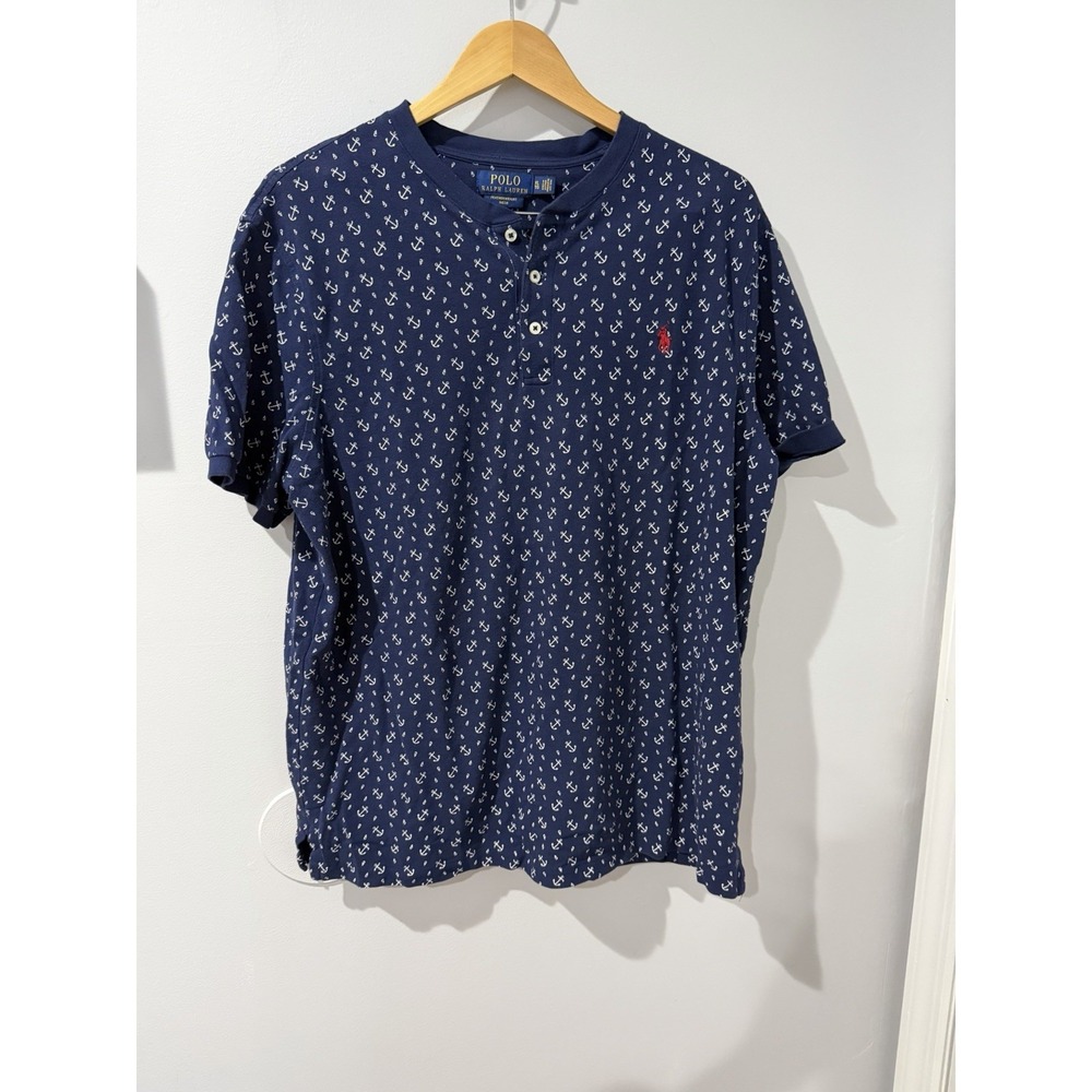 Polo Ralph Lauren Featherweight Mesh Henley Shirt Blue Anchor Print Men's XL L‎